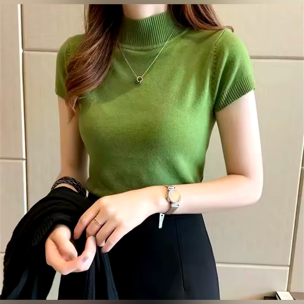 NEW Knitted Pullover Short Sleeves Turtleneck Top